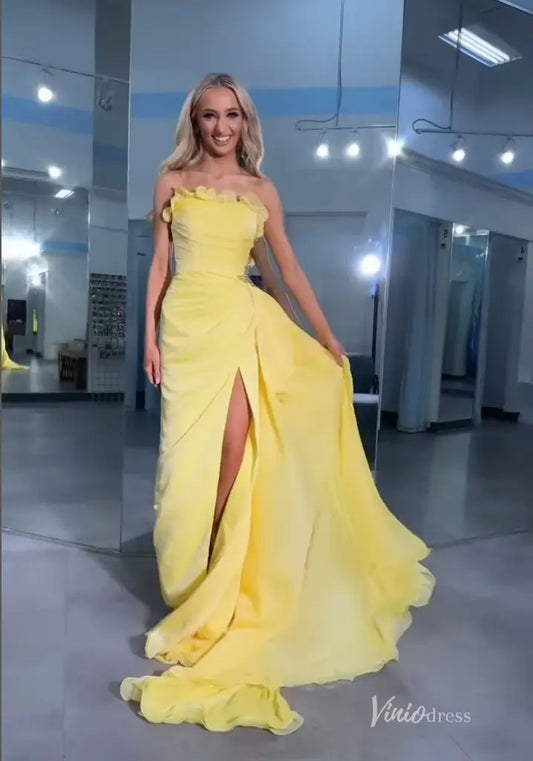Yellow Strapless Chiffon Prom Dress with Ruffle Trim and High Slit – FD5188-prom dresses 2025 -Viniodress-Yellow-Custom Size-