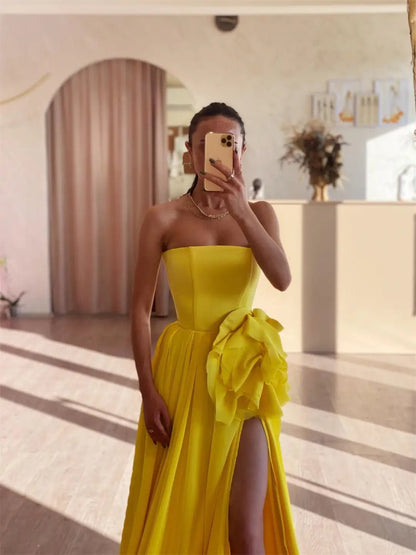 Yellow Strapless Chiffon Prom Dresses 2025 High Slit 3D Flower Formal Dress FD5226-prom dresses 2025 -Viniodress-Yellow-Custom Size-