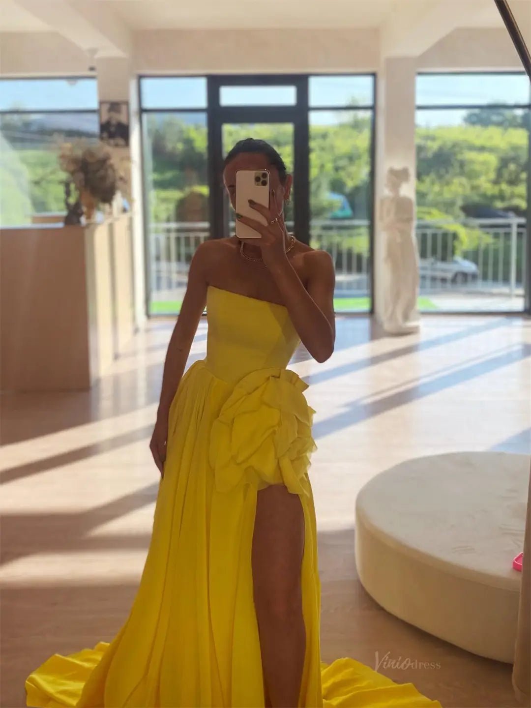 Yellow Strapless Chiffon Prom Dresses 2025 High Slit 3D Flower Formal Dress FD5226-prom dresses 2025 -Viniodress-Yellow-Custom Size-