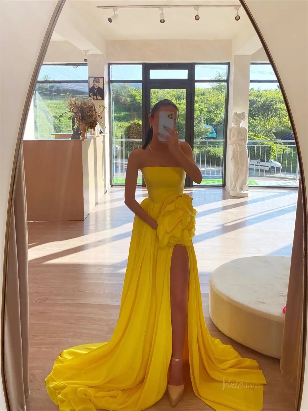 Yellow Strapless Chiffon Prom Dresses 2025 High Slit 3D Flower Formal Dress FD5226-prom dresses 2025 -Viniodress-Yellow-Custom Size-