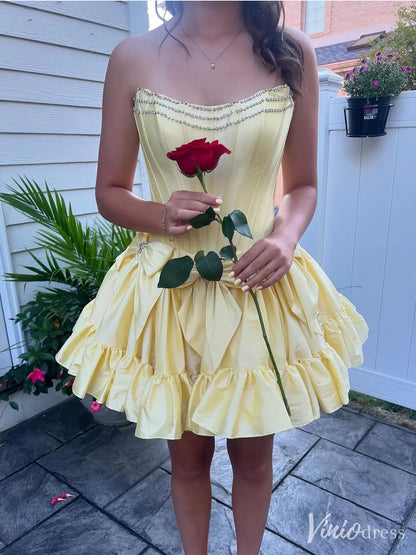 Yellow Strapless Homecoming Dress with Beaded Neckline, Bow Detail, Ruffled Skirt – SD1715-prom dresses 2025 -Viniodress-Yellow-Custom Size-