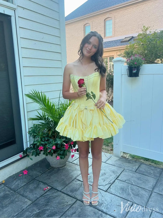 Yellow Strapless Homecoming Dress with Beaded Neckline, Bow Detail, Ruffled Skirt – SD1715-prom dresses 2025 -Viniodress-Yellow-Custom Size-