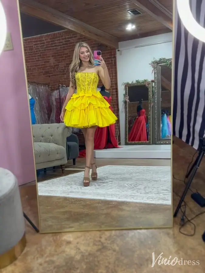 Yellow Strapless Homecoming Dress with Lace Corset, Bow Detail, Layered Ruffle Skirt – SD1718-Homecoming Dresses 2025 -Viniodress-Yellow-Custom Size-