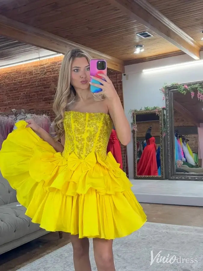 Yellow Strapless Homecoming Dress with Lace Corset, Bow Detail, Layered Ruffle Skirt – SD1718-Homecoming Dresses 2025 -Viniodress-Yellow-Custom Size-