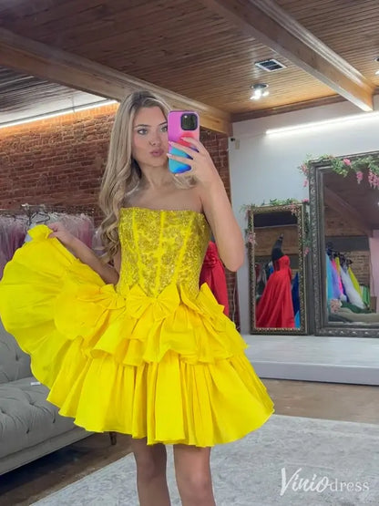 Yellow Strapless Homecoming Dress with Lace Corset, Bow Detail, Layered Ruffle Skirt – SD1718-Homecoming Dresses 2025 -Viniodress-Yellow-Custom Size-