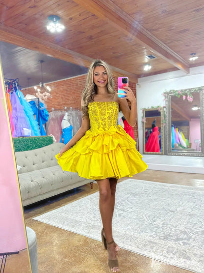 Yellow Strapless Homecoming Dress with Lace Corset, Bow Detail, Layered Ruffle Skirt – SD1718-Homecoming Dresses 2025 -Viniodress-Yellow-Custom Size-