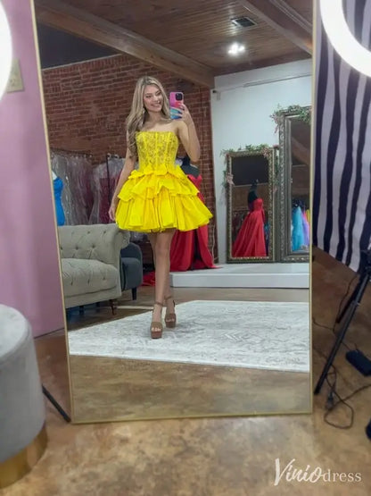 Yellow Strapless Homecoming Dress with Lace Corset, Bow Detail, Layered Ruffle Skirt – SD1718-Homecoming Dresses 2025 -Viniodress-Yellow-Custom Size-