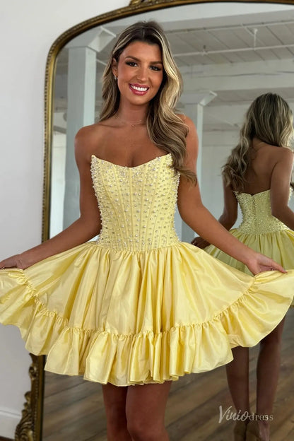 Yellow Strapless Homecoming Dress with Pearl Corset Bodice and Ruffle Hem Skirt – H1147-Homecoming Dresses 2025 -Viniodress-Yellow-Custom Size-