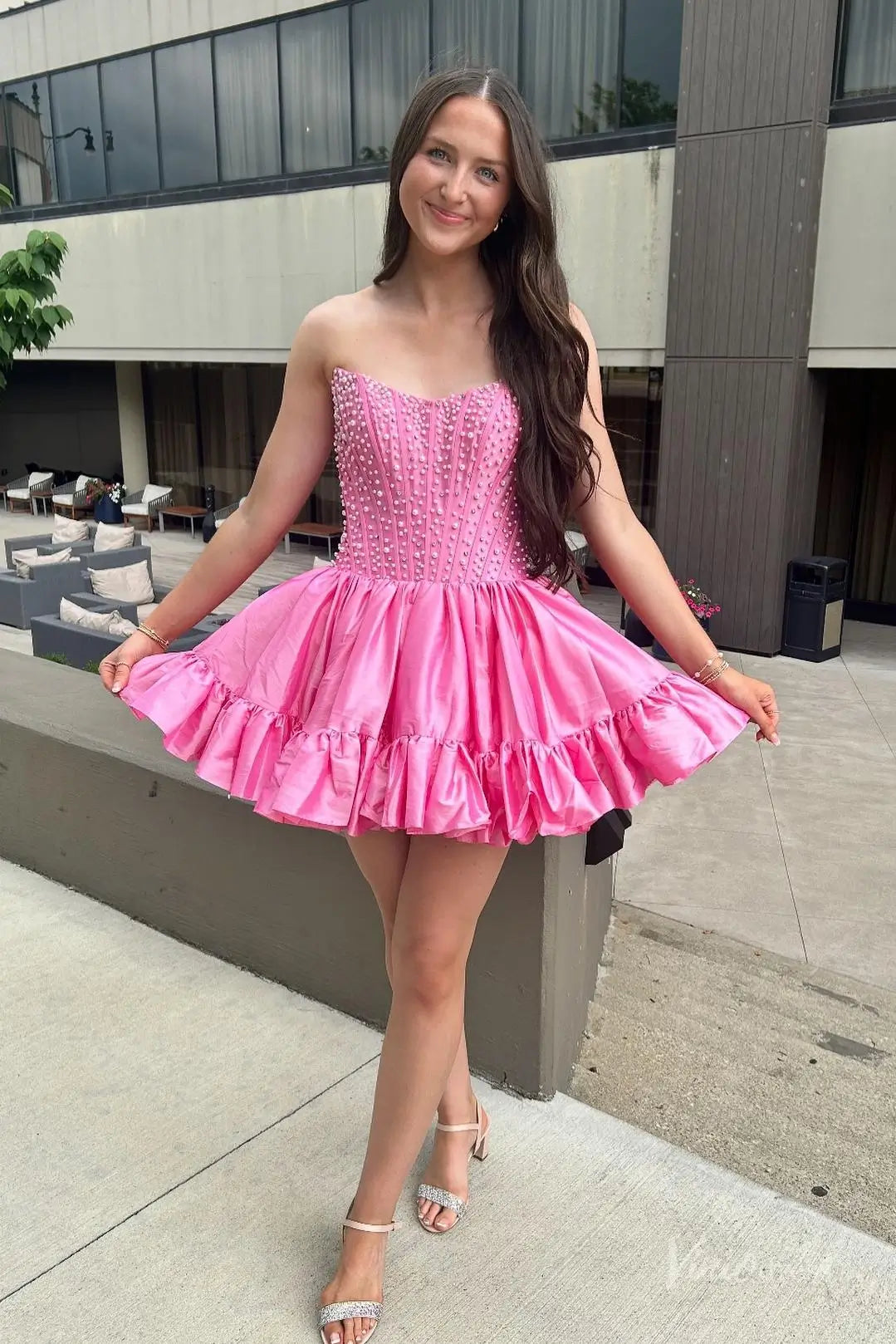 Yellow Strapless Homecoming Dress with Pearl Corset Bodice and Ruffle Hem Skirt – H1147-Homecoming Dresses 2025 -Viniodress-Pink-Custom Size-