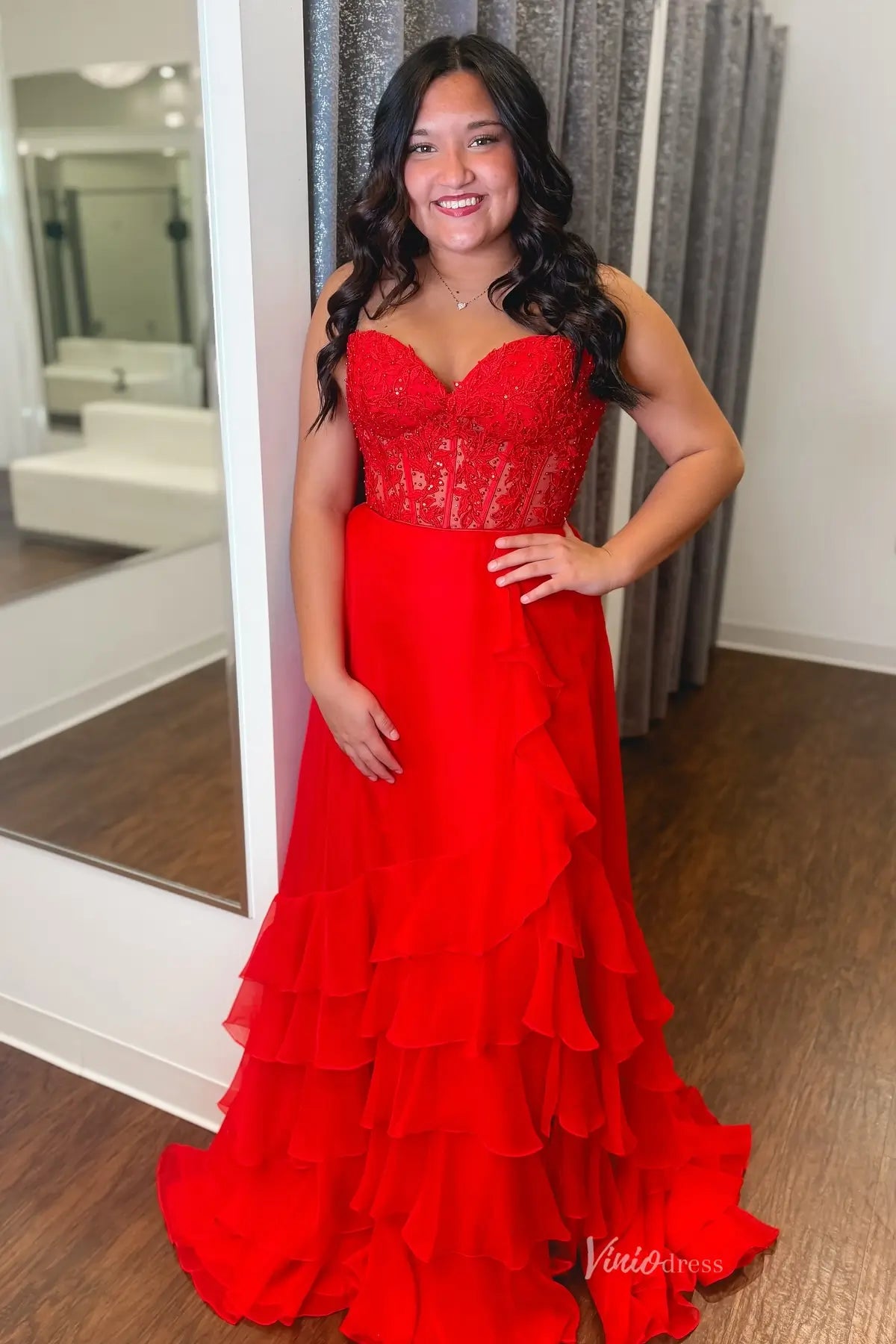 Yellow Strapless Lace Corset Prom Dress with Tiered Ruffle Chiffon Skirt – RF042-prom dresses 2026-Viniodress-Yellow-Custom Size-