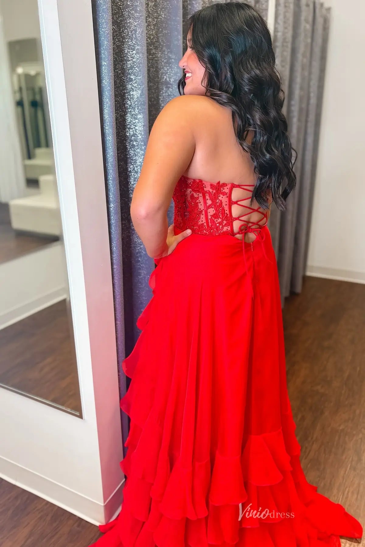 Yellow Strapless Lace Corset Prom Dress with Tiered Ruffle Chiffon Skirt – RF042-prom dresses 2026-Viniodress-Yellow-Custom Size-