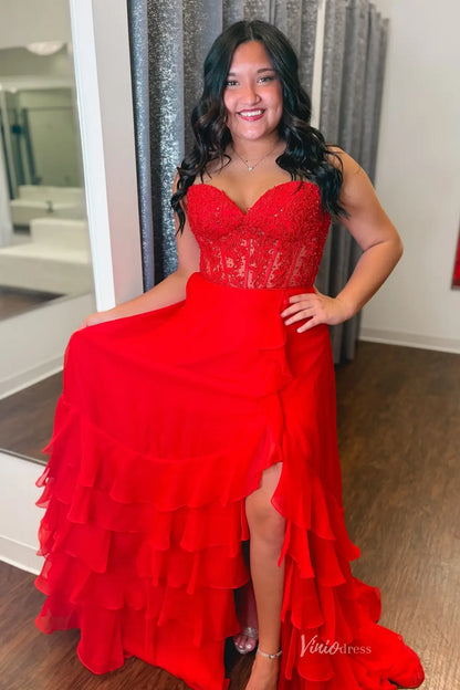 Yellow Strapless Lace Corset Prom Dress with Tiered Ruffle Chiffon Skirt – RF042-prom dresses 2026-Viniodress-Yellow-Custom Size-