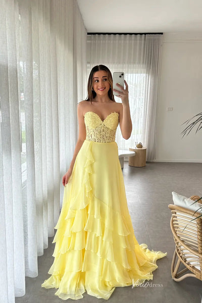 Yellow Lace Corset Prom Dress with Tiered Ruffle Skirt RF042 Viniodress Yellow Lace Corset Prom Dress with Tiered Ruffle Skirt RF042 Viniodress