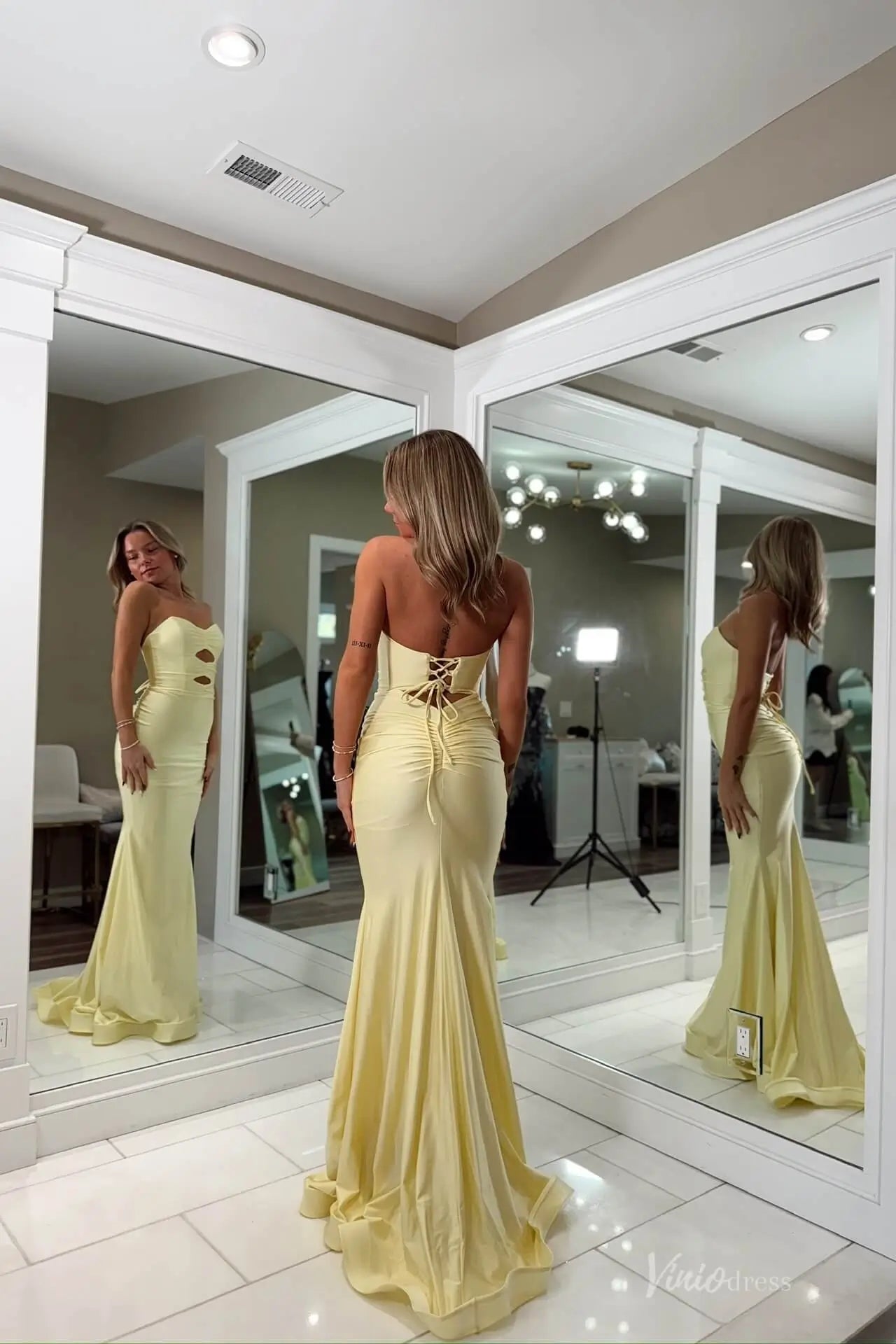 Yellow Strapless Mermaid Prom Dress with Sweetheart Neck, Double Keyhole Cutouts, Lace-Up Back – SS152-prom dresses 2026-Viniodress-Yellow-Custom Size-