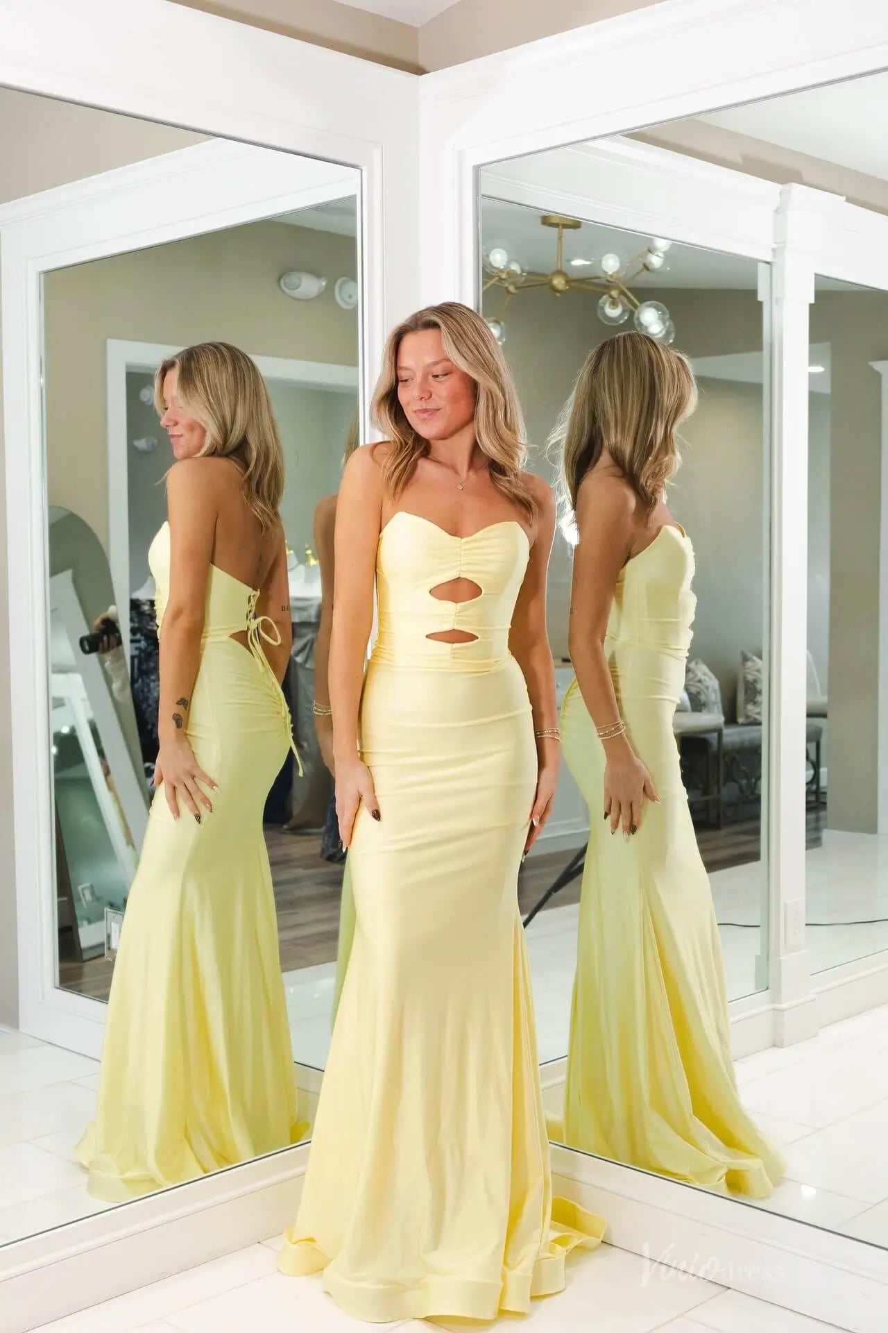 Yellow Strapless Cutout Mermaid Prom Dress with Lace-Up Back SS152 Viniodress Yellow Strapless Cutout Mermaid Prom Dress with Lace-Up Back SS152 Viniodress