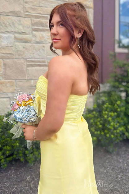Yellow Strapless Prom Dress with Pleated Bodice, Chiffon Bow, Satin Skirt, and High Slit – SS047-prom dresses 2025 -Viniodress-Yellow-Custom Size-
