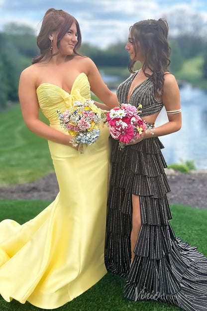 Yellow Strapless Prom Dress with Pleated Bodice, Chiffon Bow, Satin Skirt, and High Slit – SS047-prom dresses 2025 -Viniodress-Yellow-Custom Size-