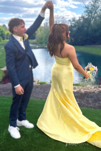 Yellow Strapless Prom Dress with Pleated Bodice, Chiffon Bow, Satin Skirt, and High Slit – SS047-prom dresses 2025 -Viniodress-Yellow-Custom Size-