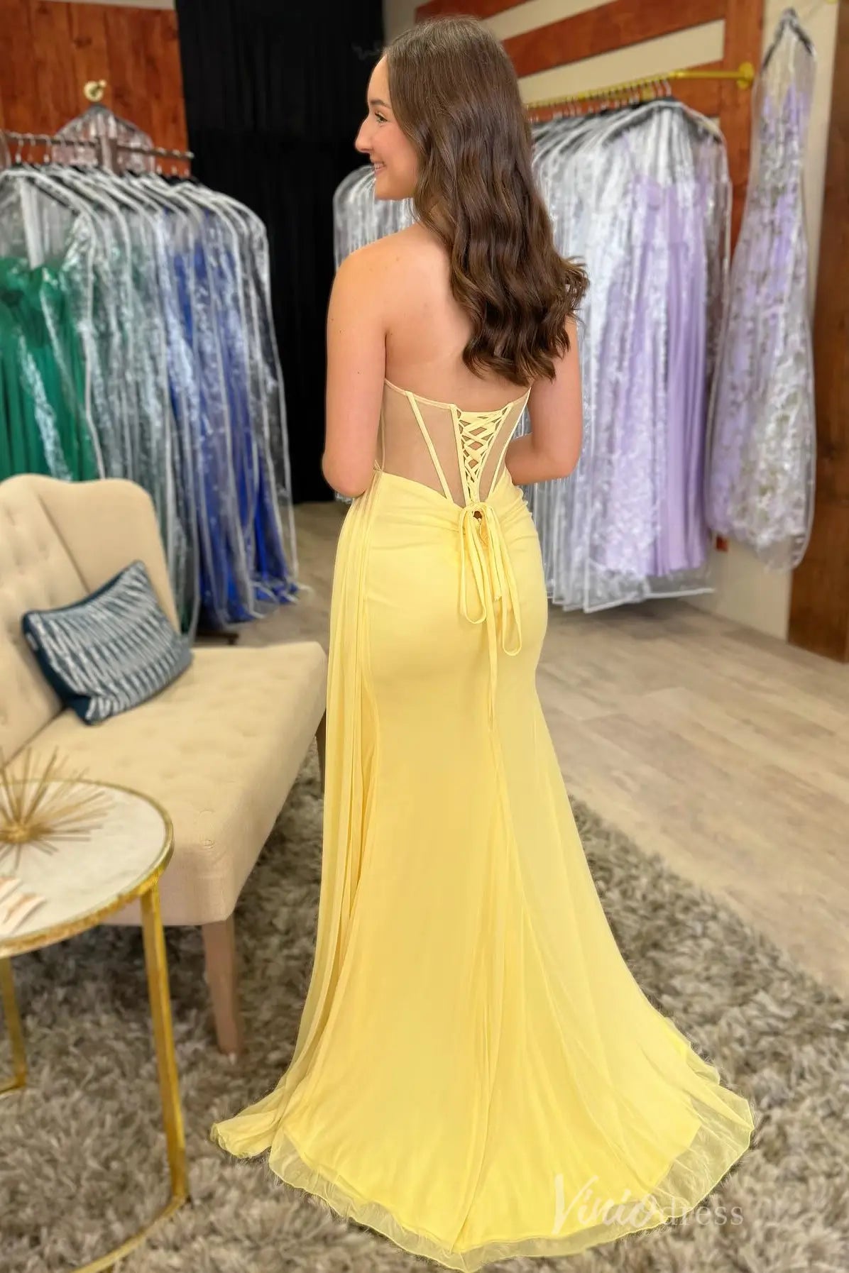 Yellow Strapless Prom Dress with Sheer Corset and Slit – SS079 – Viniodress Yellow Strapless Prom Dress with Sheer Corset and Slit – SS079 – Viniodress
