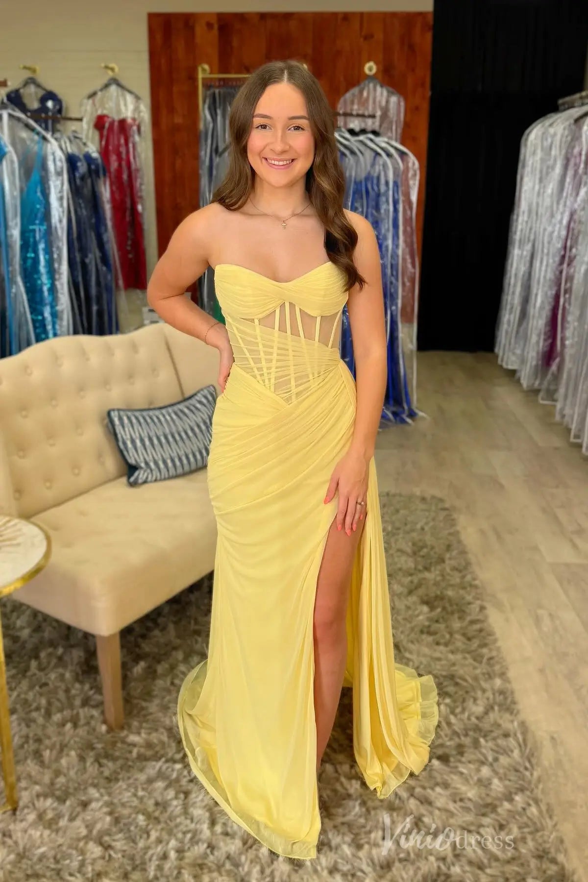 Yellow Strapless Prom Dress with Sheer Corset and Slit SS079 Viniodress Yellow Strapless Prom Dress with Sheer Corset and Slit SS079 Viniodress