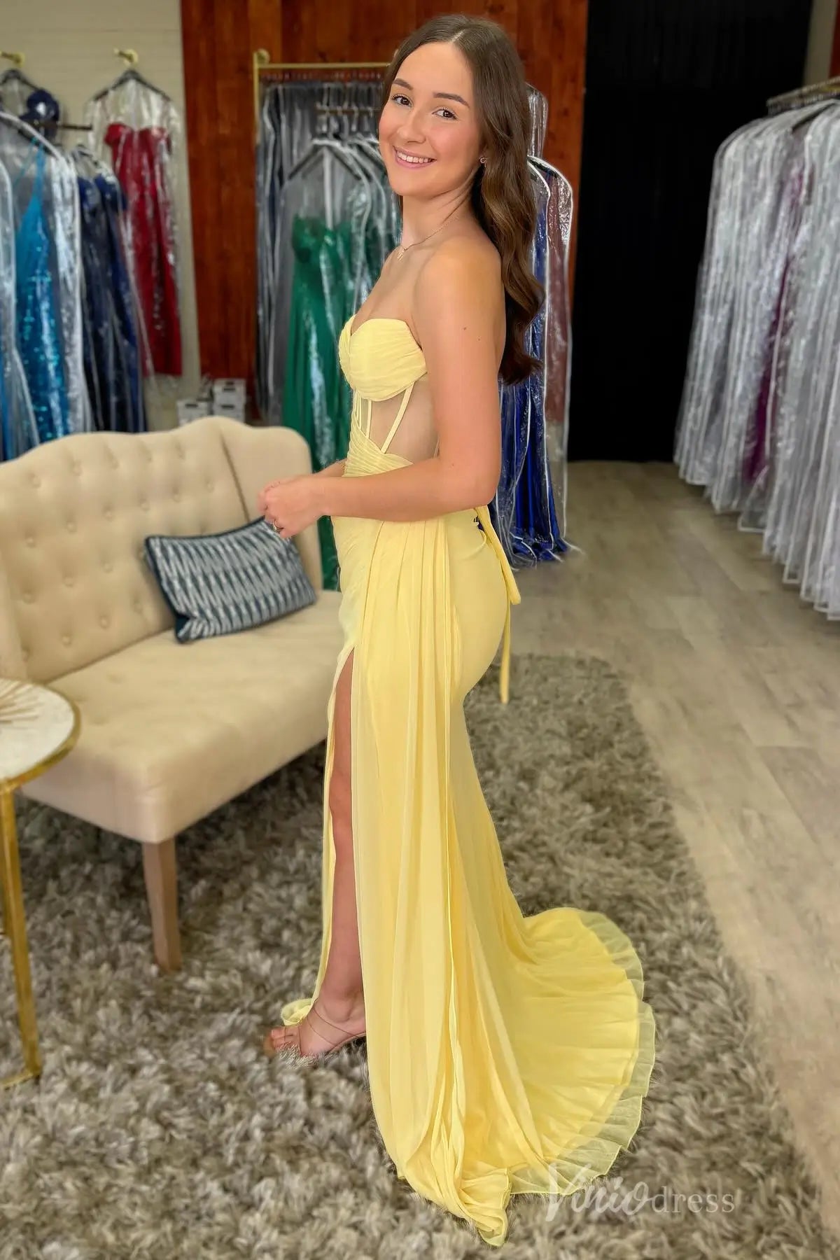 Yellow Strapless Prom Dress with Sheer Corset and Slit SS079 Viniodress Yellow Strapless Prom Dress with Sheer Corset and Slit SS079 Viniodress