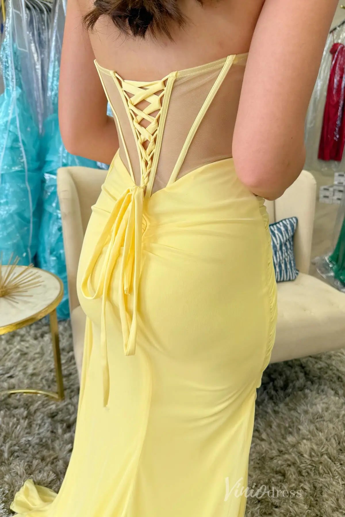 Yellow Strapless Prom Dress with Sheer Corset and Slit SS079 Viniodress Yellow Strapless Prom Dress with Sheer Corset and Slit SS079 Viniodress