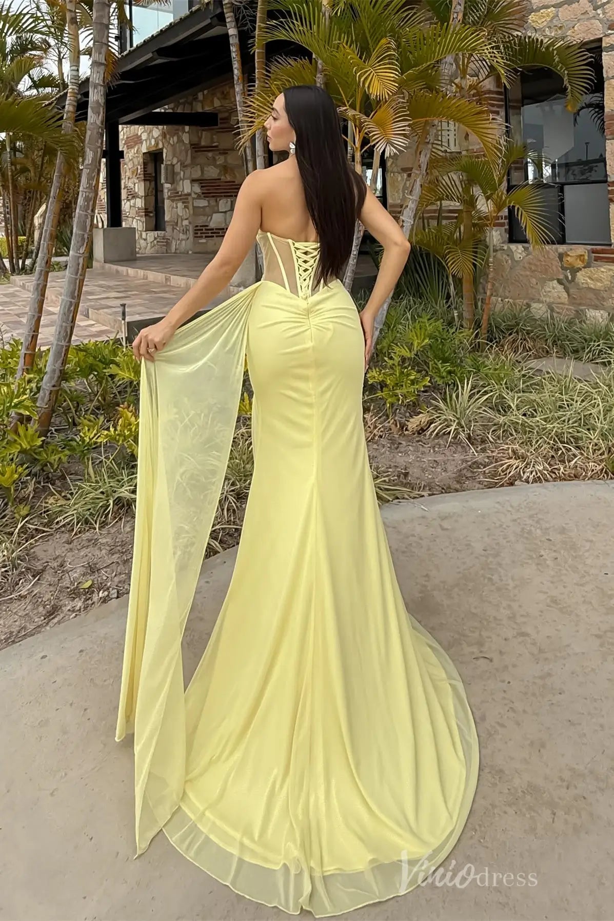 Yellow Strapless Prom Dress with Sheer Corset Bodice, Lace-Up Back, and High Slit – SS079-Homecoming Dresses 2025 -Viniodress-Yellow-Custom Size-