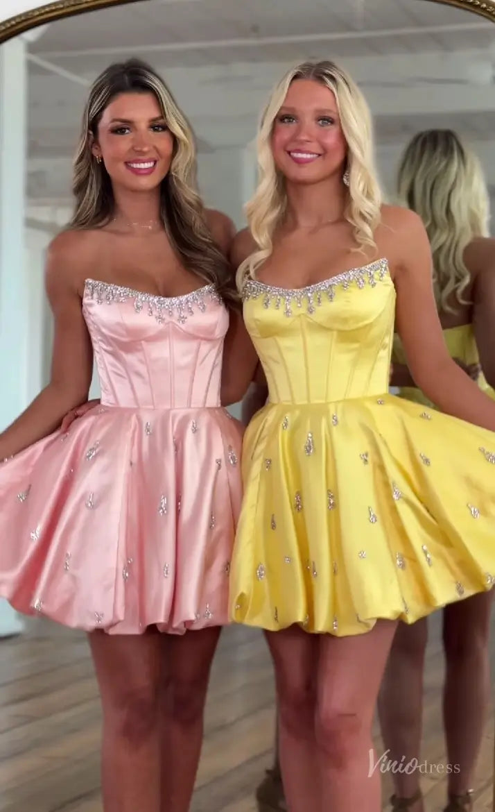 Yellow Strapless Satin Homecoming Dress with Crystal Beaded Neckline, Corset Bodice & Bubble Hem Skirt – H1202-prom dresses 2025 -Viniodress-Yellow-Custom Size-