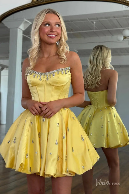 Yellow Strapless Satin Homecoming Dress with Crystal Beaded Neckline, Corset Bodice & Bubble Hem Skirt – H1202-prom dresses 2025 -Viniodress-Yellow-Custom Size-
