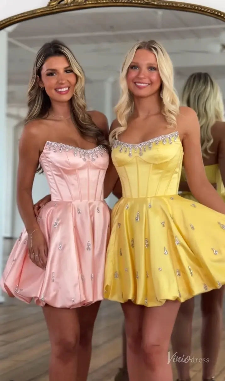 Yellow Strapless Satin Homecoming Dress with Crystal Beaded Neckline, Corset Bodice & Bubble Hem Skirt – H1202-prom dresses 2025 -Viniodress-Yellow-Custom Size-