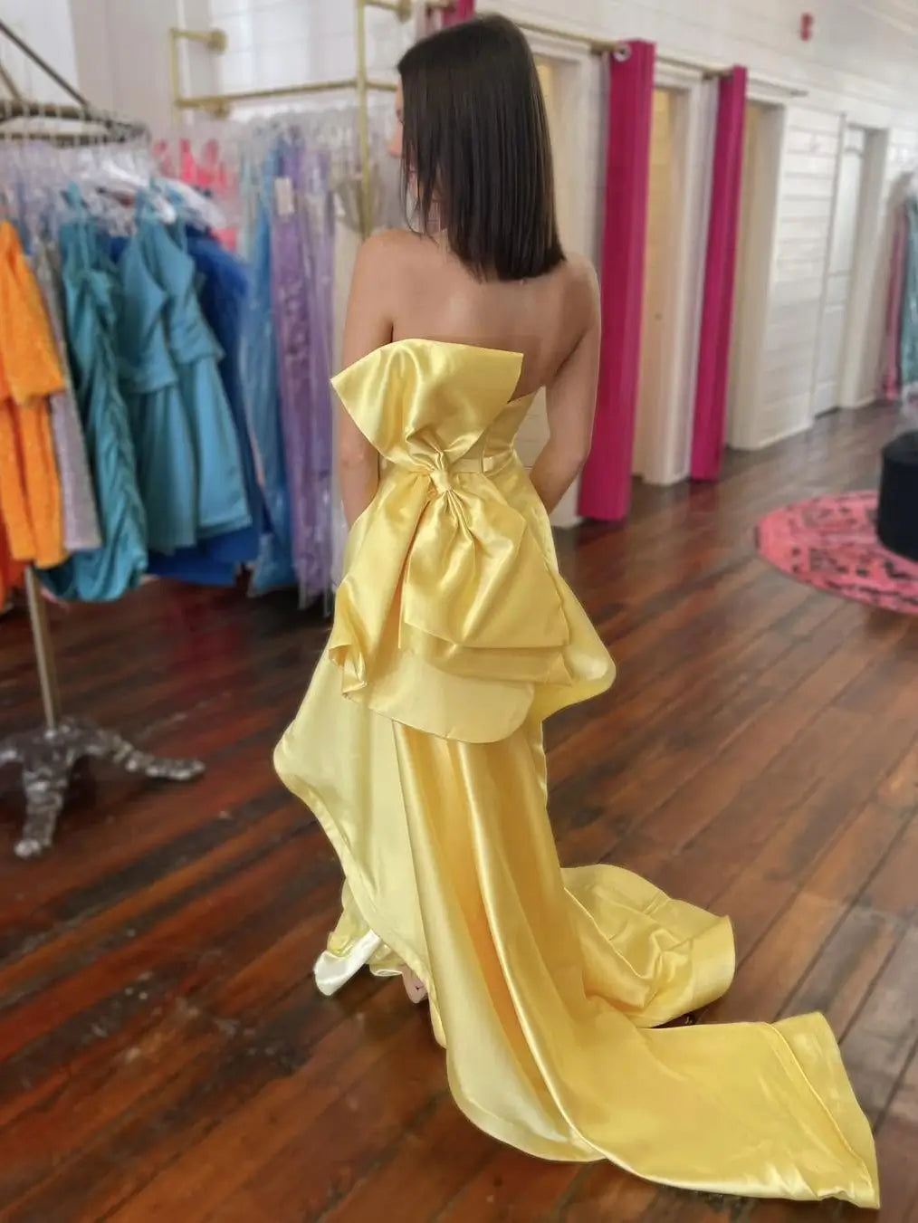 prom dresses 2025-to impress Yellow Strapless Satin Prom Dress with Bow-Tie Overskirt & Slit – Style FD6062-plus size wedding dresses Viniodress-Yellow-Custom Size-