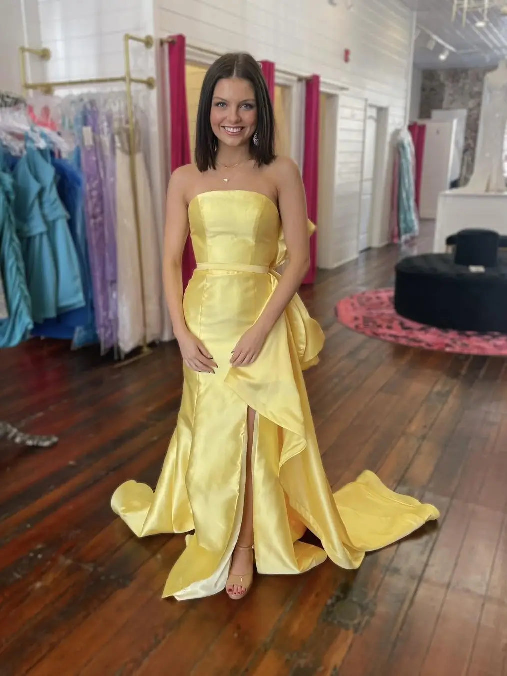 prom dresses 2025-to impress Yellow Strapless Satin Prom Dress with Bow-Tie Overskirt & Slit – Style FD6062-plus size wedding dresses Viniodress-Yellow-Custom Size-