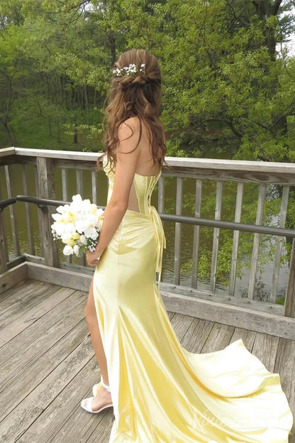 Yellow Strapless Satin Prom Dress with Ruched Bust, Corset Bodice, Sheer Sides, and High Slit – SS046-prom dresses 2025 -Viniodress-Yellow-Custom Size-