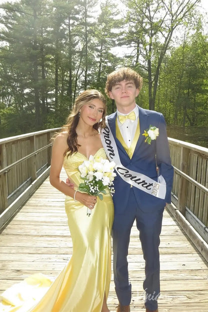 Yellow Strapless Satin Prom Dress with Ruched Bust, Corset Bodice, Sheer Sides, and High Slit – SS046-prom dresses 2025 -Viniodress-Yellow-Custom Size-