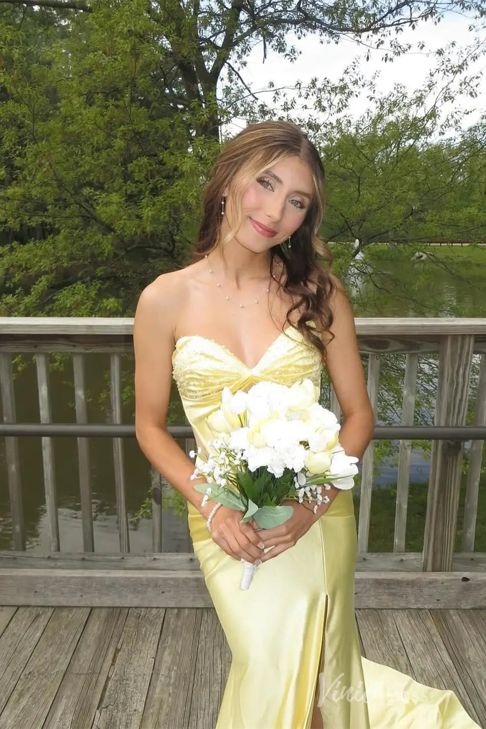 Yellow Strapless Satin Prom Dress with Ruched Bust, Corset Bodice, Sheer Sides, and High Slit – SS046-prom dresses 2025 -Viniodress-Yellow-Custom Size-