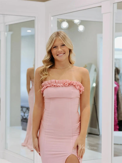 Yellow Strapless Satin Prom Dresses with Slit & Ruffled Neckline - FD6033-prom dresses 2025 -Viniodress-Yellow-Custom Size-