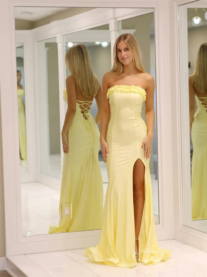 Yellow Strapless Satin Prom Dresses with Slit & Ruffled Neckline - FD6033-prom dresses 2025 -Viniodress-Yellow-Custom Size-