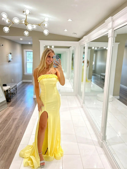 Yellow Strapless Satin Prom Dresses with Slit & Ruffled Neckline - FD6033-prom dresses 2025 -Viniodress-Yellow-Custom Size-