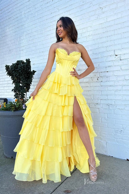 Yellow Sweetheart Prom Dress with Boned Corset & Ruffled Chiffon Skirt RF301-prom dresses 2026-Viniodress-Yellow-Custom Size-