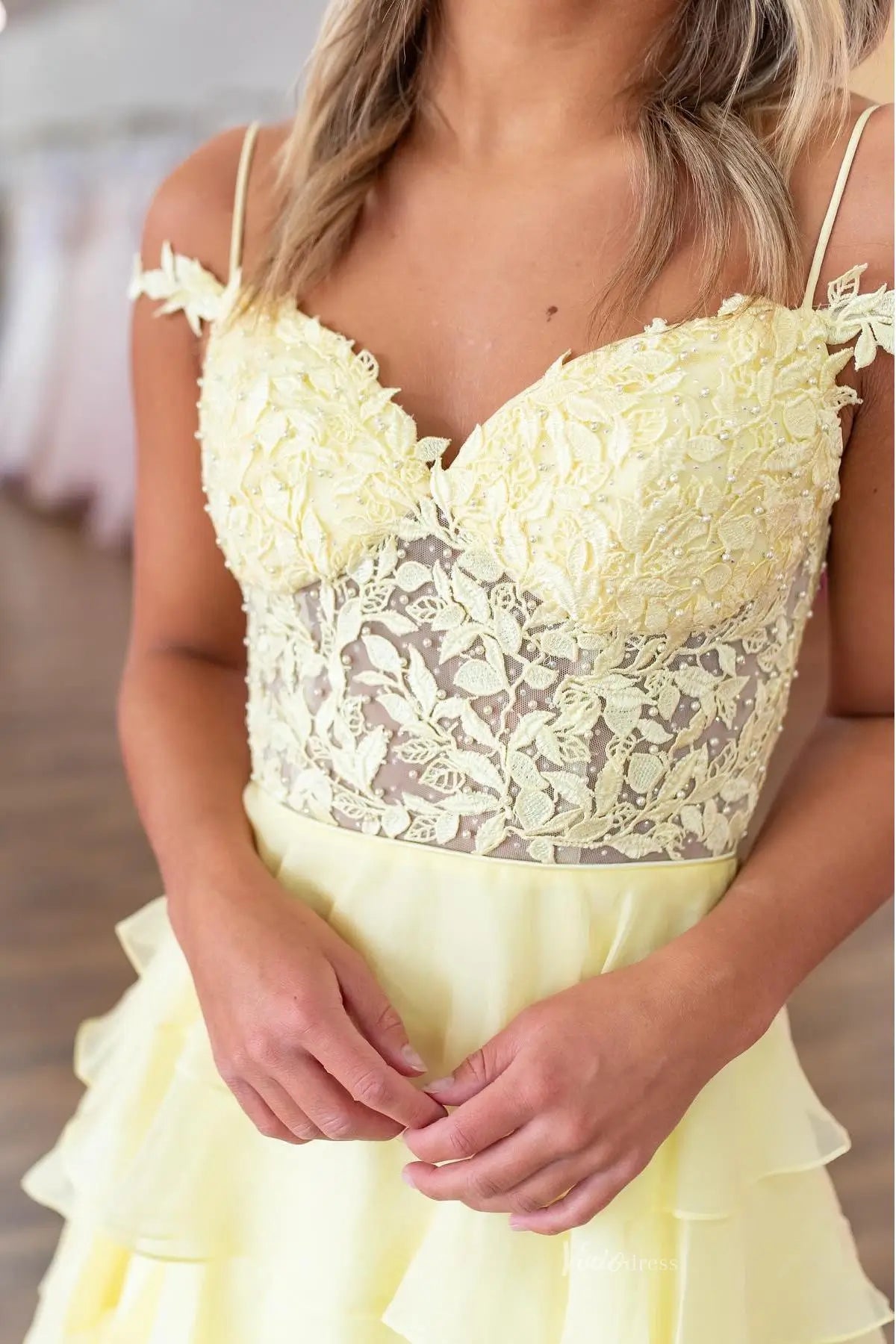 Yellow Tiered Ruffle Chiffon Prom Dress with Slit & Pearled Lace Bodice RF043 Viniodress Yellow Tiered Ruffle Chiffon Prom Dress with Slit & Pearled Lace Bodice RF043 Viniodress