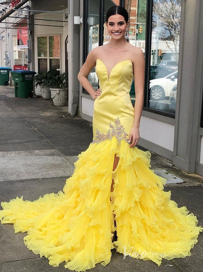 Yellow Tiered Ruffle Prom Dresses Strapless Strapless Formal Gown FD3988-prom dresses 2025 -Viniodress-Yellow-Custom Size-