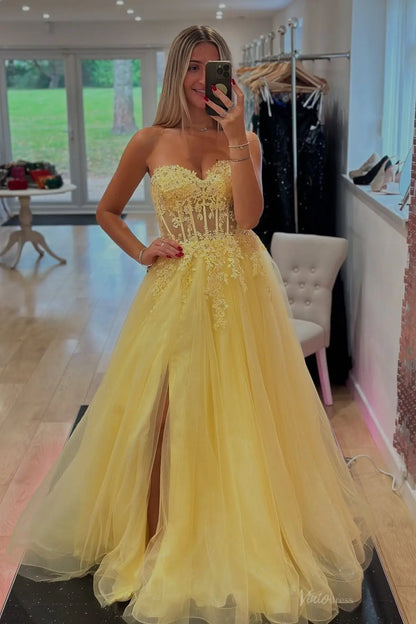 Yellow Tulle Ball Gown Prom Dress with Detachable Puff Sleeves, Lace Corset Bodice & High Slit – TU010-prom dresses 2026-Viniodress-Yellow-Custom Size-