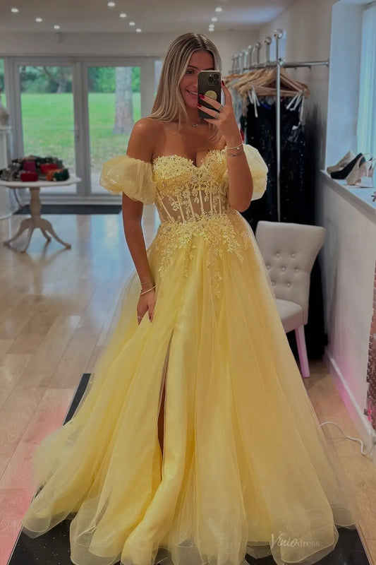 Yellow Tulle Ball Gown Prom Dress with Detachable Puff Sleeves, Lace Corset Bodice & High Slit – TU010-prom dresses 2026-Viniodress-Yellow-Custom Size-