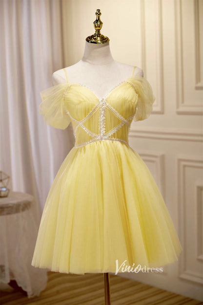 Yellow Tulle Hoco Dresses Spaghetti Strap Graduation Dresses SD1536-Dresses 2025 -Viniodress-Yellow-Custom Size-