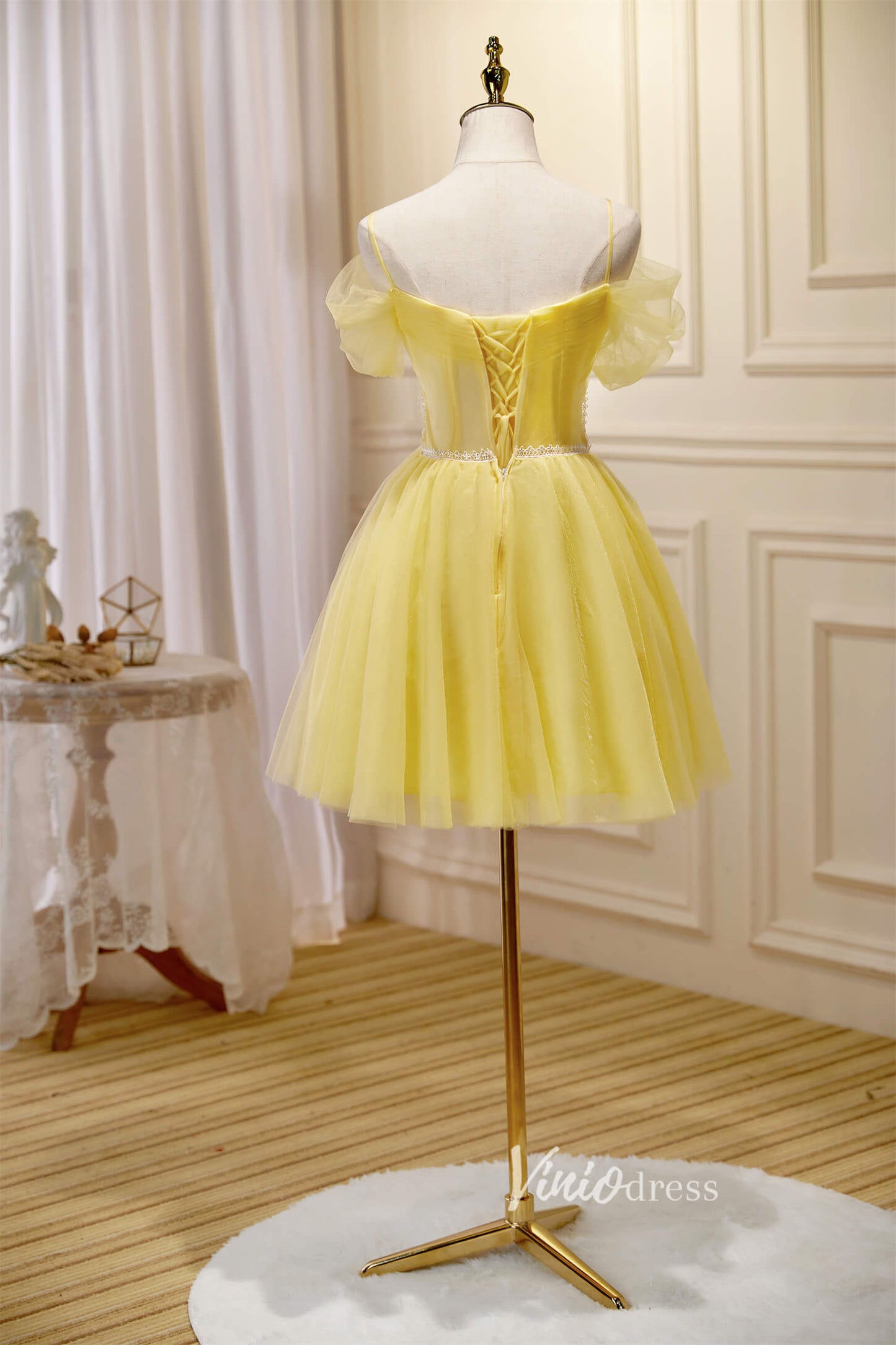 Short Prom Dresses 2025 Yellow Tulle Hoco Dresses Spaghetti Strap Graduation Dresses SD1536-Dresses-Viniodress-Yellow-Custom Size-Viniodress