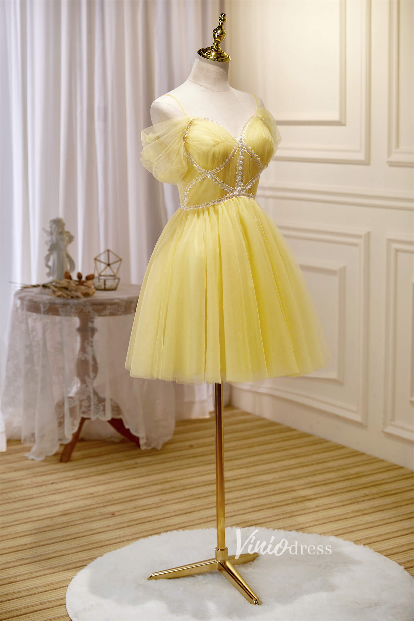 Short Prom Dresses 2025 Yellow Tulle Hoco Dresses Spaghetti Strap Graduation Dresses SD1536-Dresses-Viniodress-Yellow-Custom Size-Viniodress