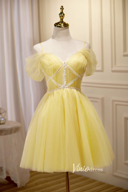 Short Prom Dresses 2025 Yellow Tulle Hoco Dresses Spaghetti Strap Graduation Dresses SD1536-Dresses-Viniodress-Yellow-Custom Size-Viniodress