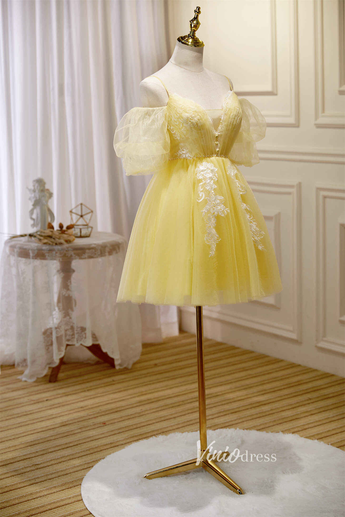 Short Prom Dresses 2025 Yellow Tulle Hoco Dresses Spaghetti Strap Short Graduation Dresses SD1537-Dresses-Viniodress-Yellow-Custom Size-Viniodress