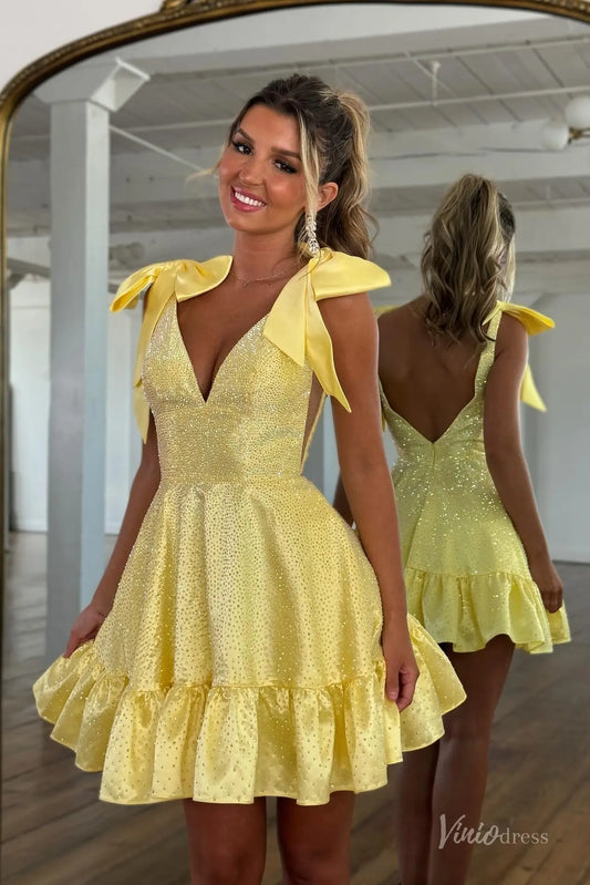 Yellow V-Neck Homecoming Dress with Bow Tie Straps, Sparkly Rhinestones & Ruffle Hem – H1205-prom dresses 2025 -Viniodress-Yellow-Custom Size-