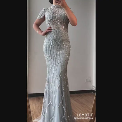 Silver Beaded Mermaid Evening Dresses High Neck Cap Sleeve Pageant Dress FD3012